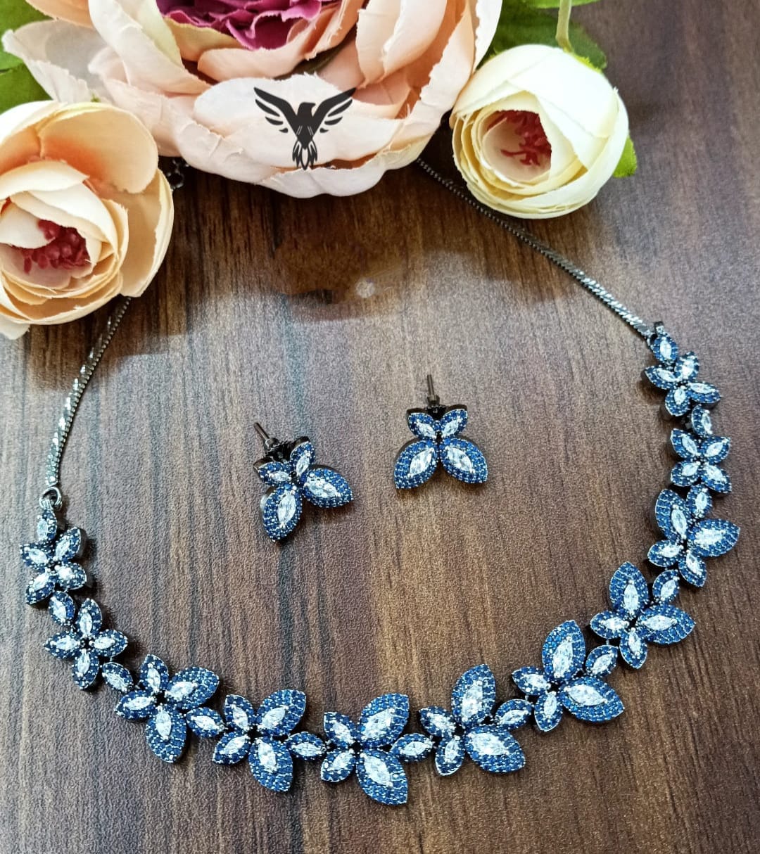 Sapphire blue butterfly Necklace Set in Silver For Women