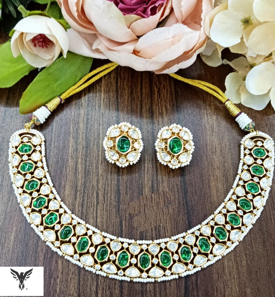 Eta kundan necklace with earrings in Emerald green For Women