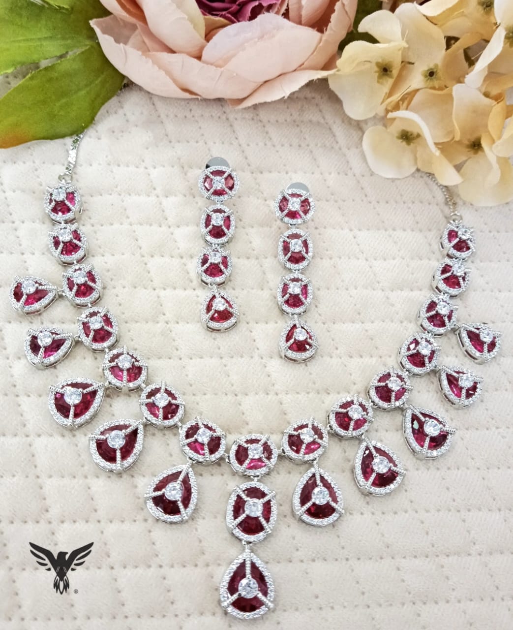 Sita American Diamond Necklace Set in Ruby For Women