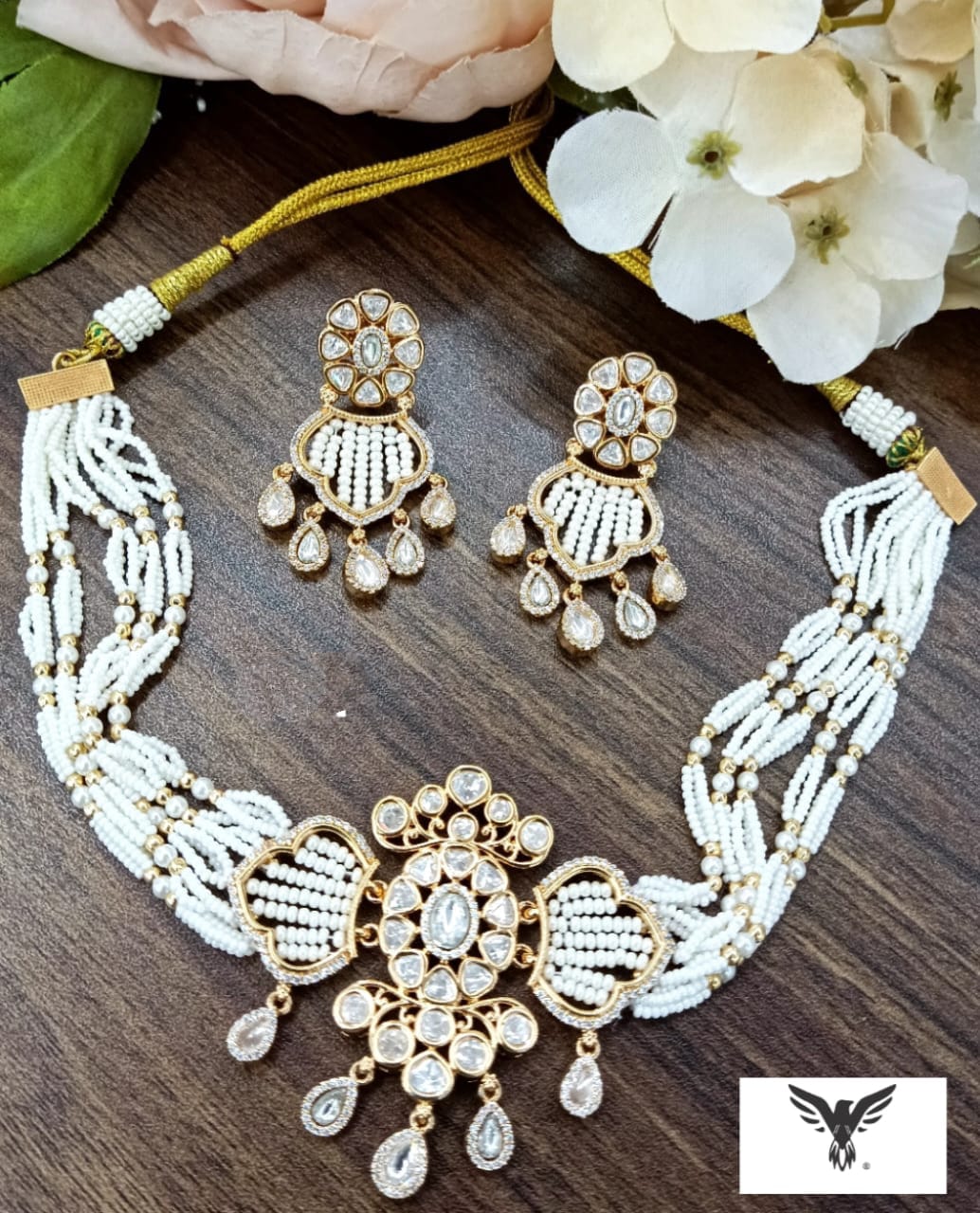 Daksha kundan choker necklace with earrings in mosanite For Women