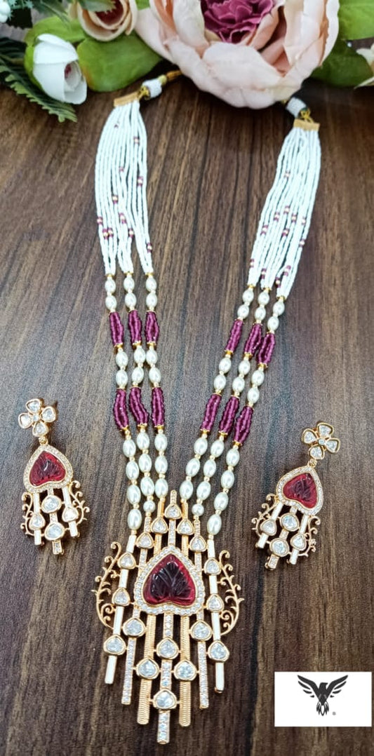 Vidhi kundan long necklace with earrings in ruby For Women