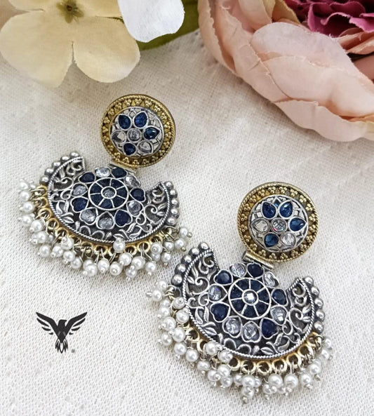 Naira Silver look alike earring in blue and White For Women