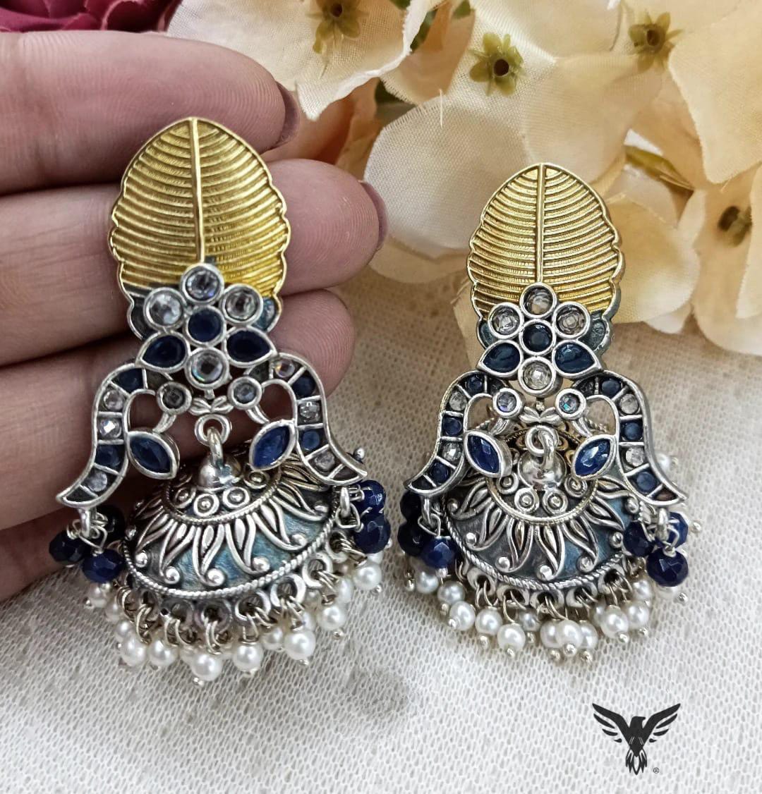 Rasha Silver look alike Jhumkis in Blue And white For Women