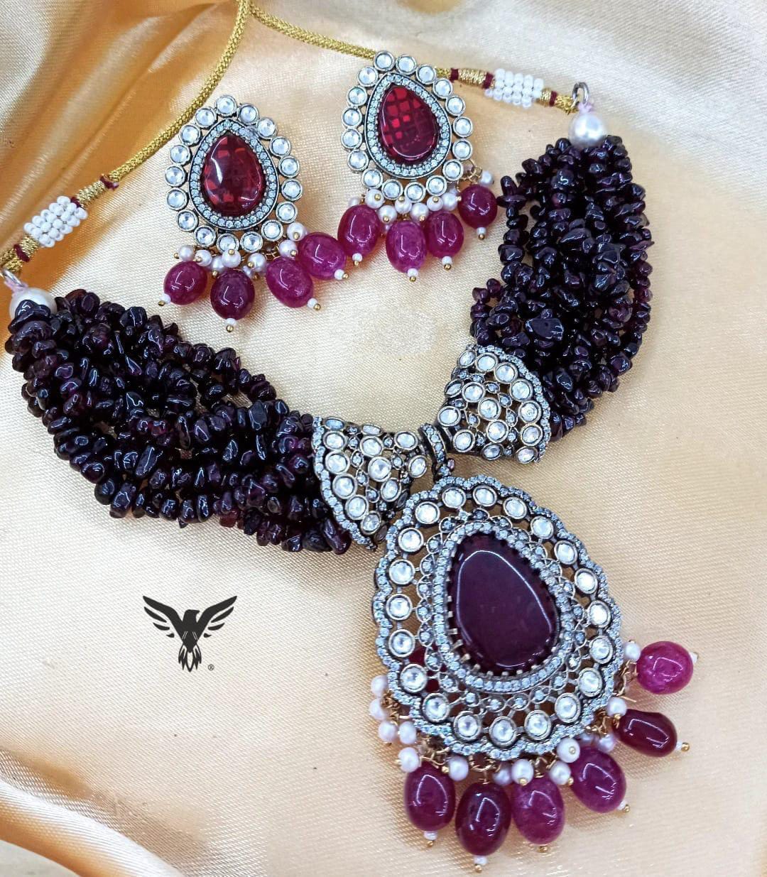 Akshara kundan necklace with earrings in ruby for women