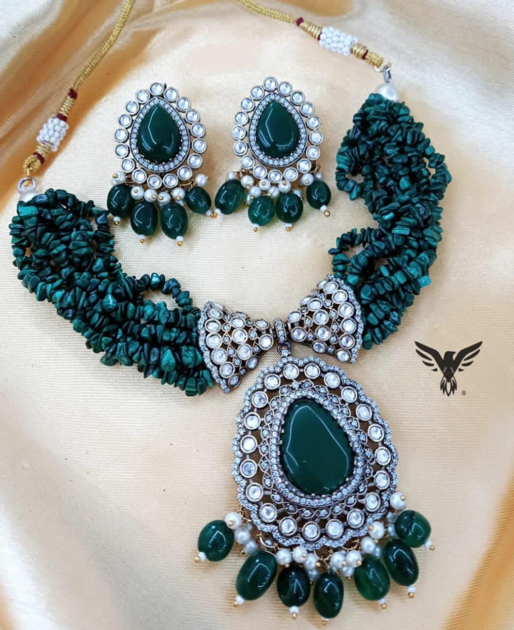 Akshara kundan necklace with earrings in Emerald green for women