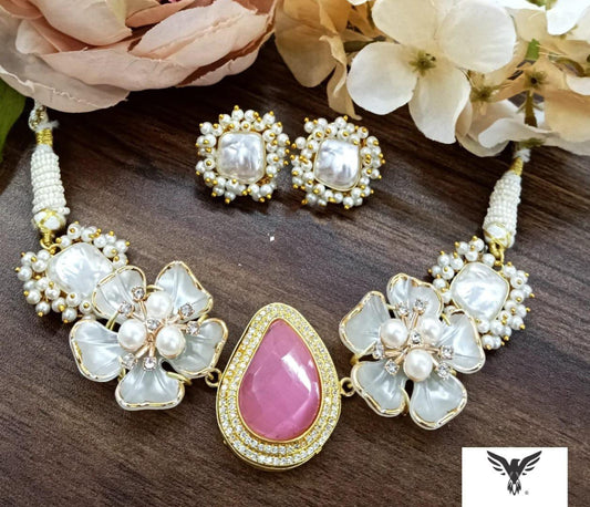 Pink kundan with floral Necklace Set with earrings For Women