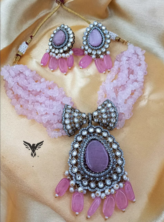 Akshara kundan necklace with earrings in Pink for women