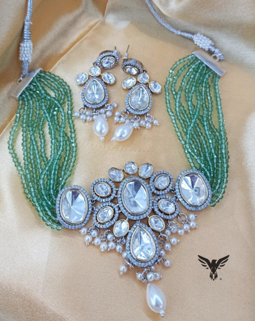 Shanin kundan polki necklace with earrings in mint for women