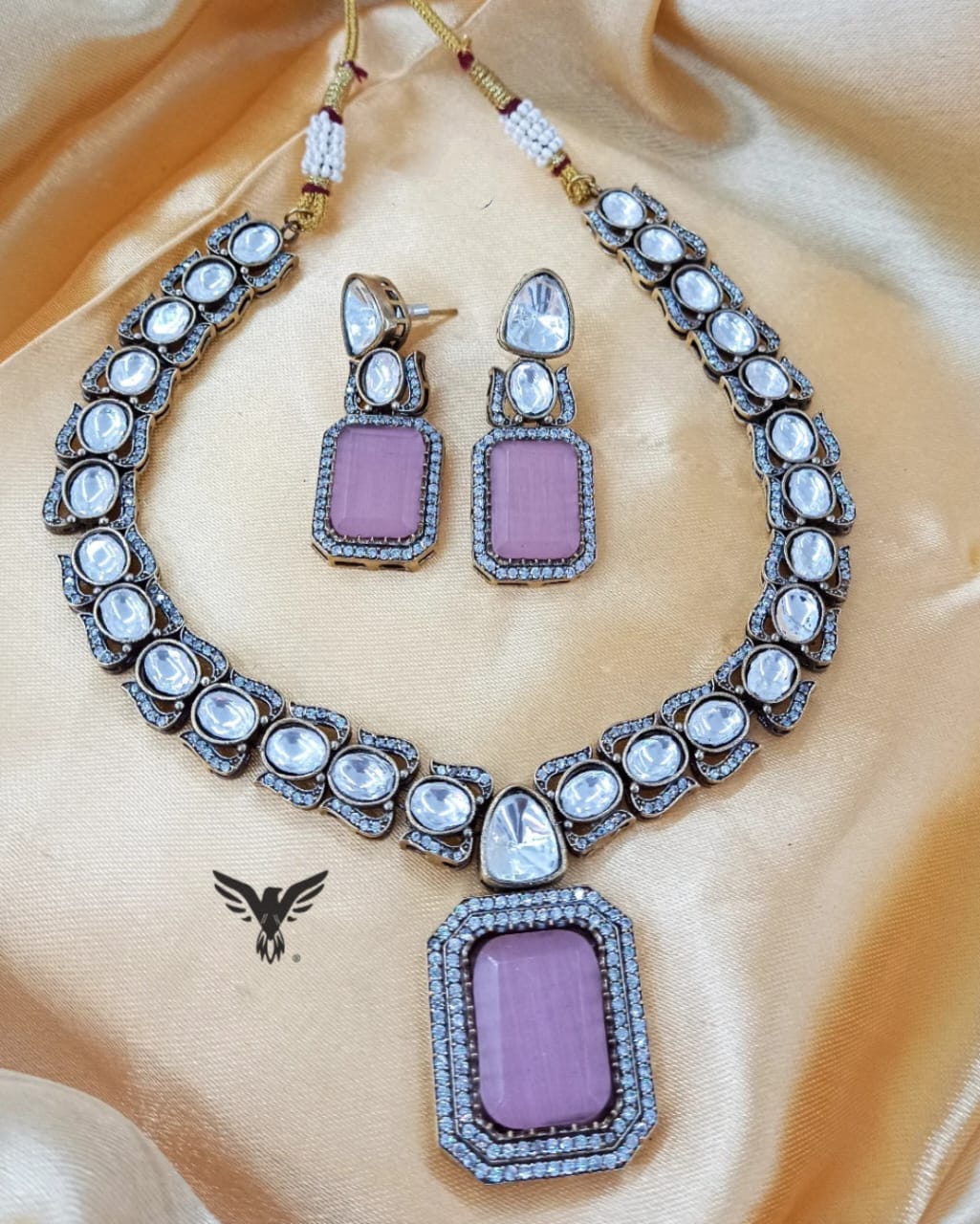 Zainab kundan necklace with earrings in pink for women