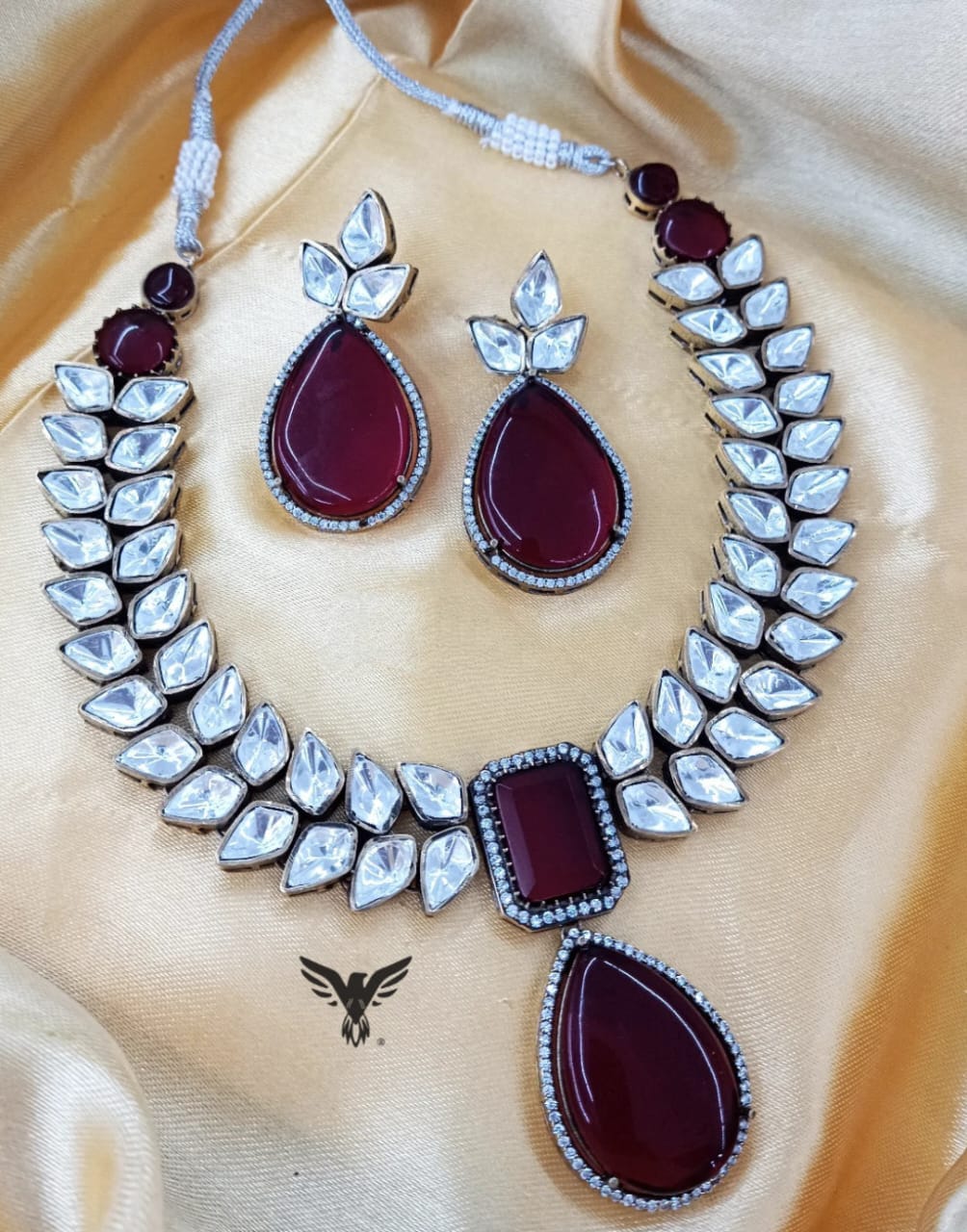 Mira kundan necklace with earrings in ruby for women