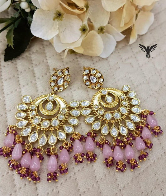 Sanya Gold plated Kundan Earings with Pink drops For Women