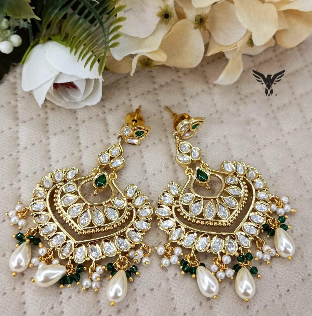 Ubika Gold plated Kundan Earings with drops in Emerald For Women