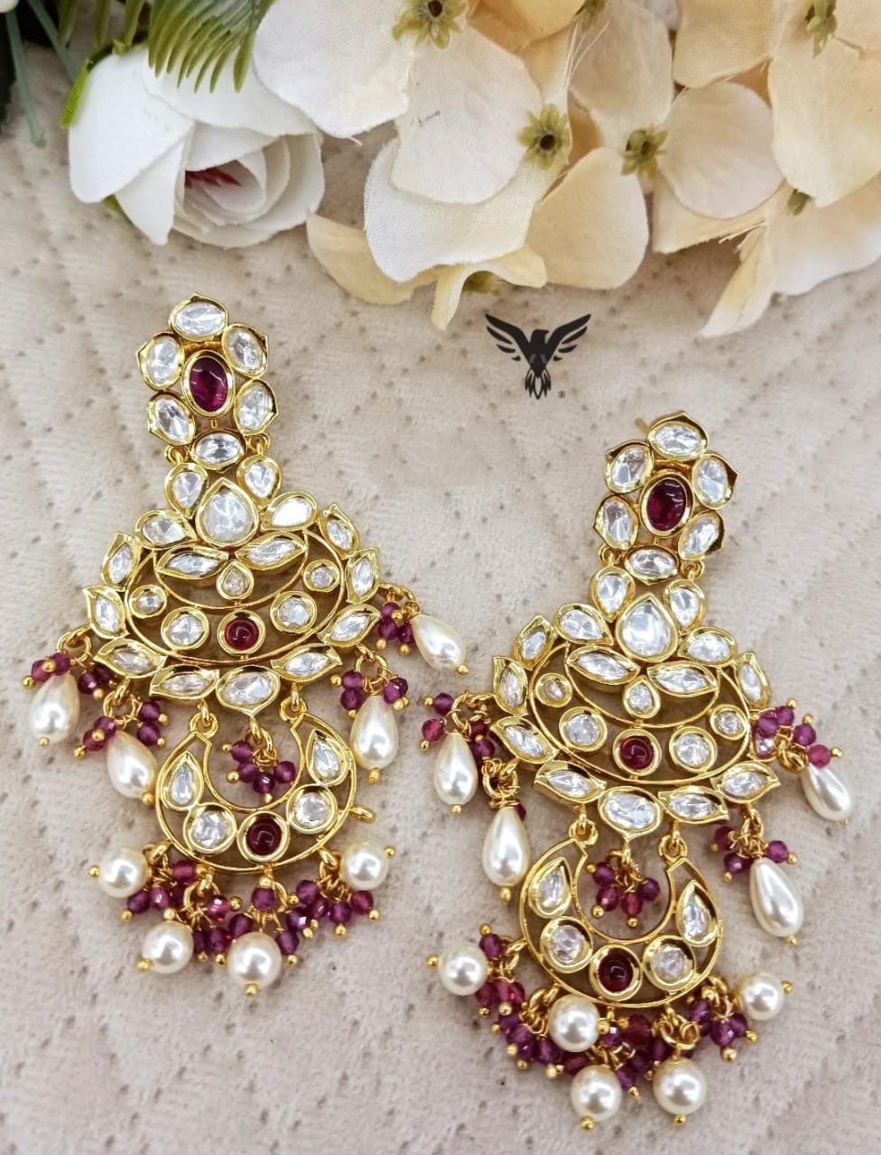 Upasna Gold plated Kundan Earings with Pearl drop in Ruby For Women