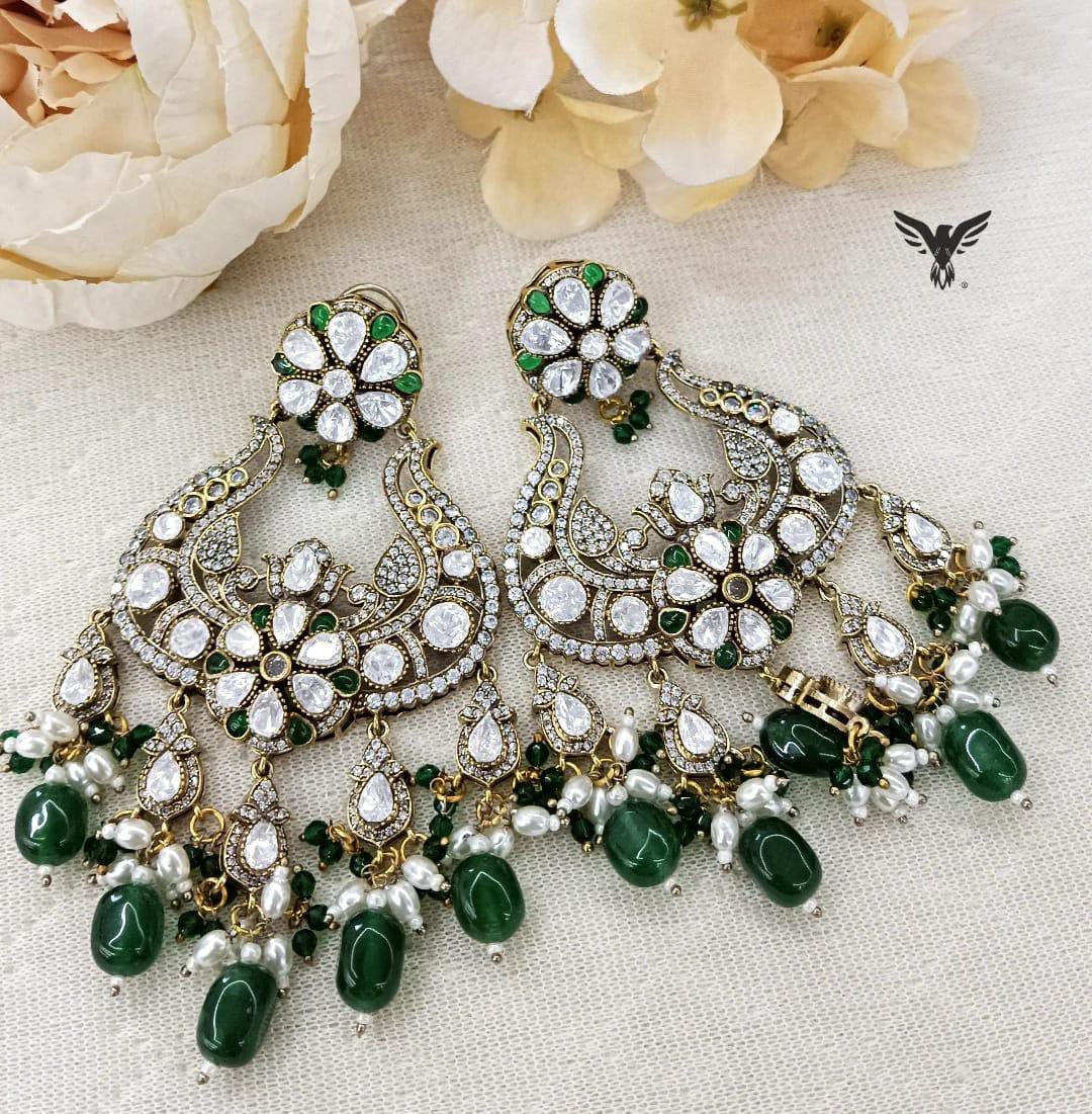 Nova Gold plated Kundan Earings In emerald green with drops For Women