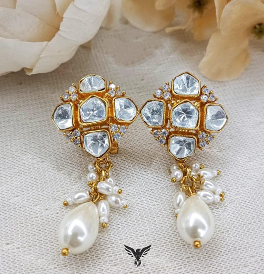 Ira Mosanite Kundan Studs with pearl drop  For Women