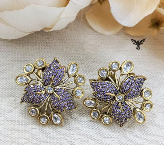 Petals Mosanite Kundan Studs in amethist For Women