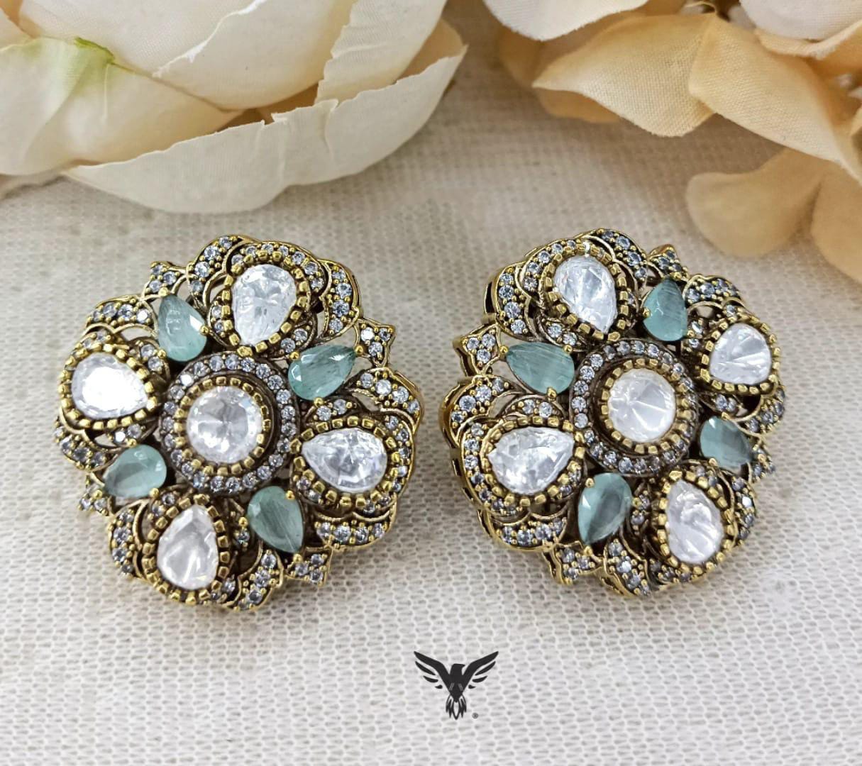 Square Oversized Mosanite Kundan Studs in Mint