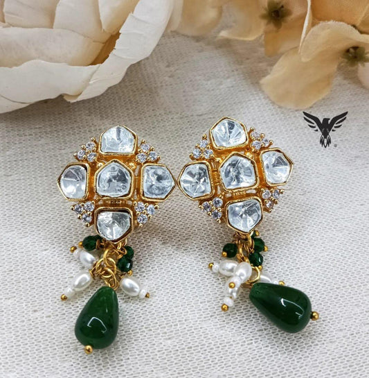 Ira Mosanite Kundan Studs with Emerald green drop  For Women