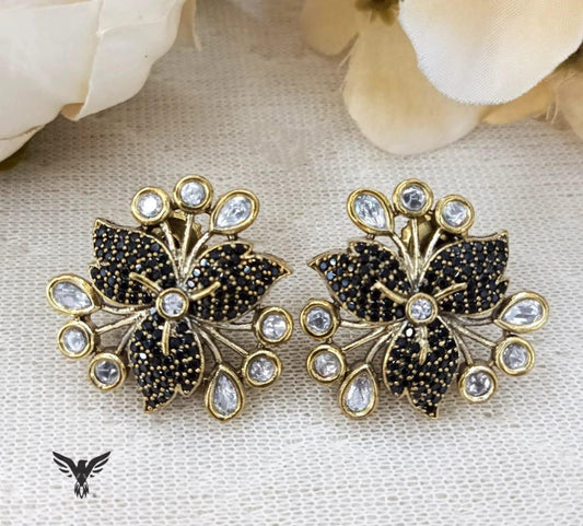 Petals Mosanite Kundan Studs in Black For Women