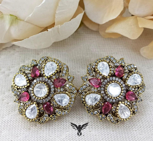 Square Oversized Mosanite Kundan Studs in Ruby