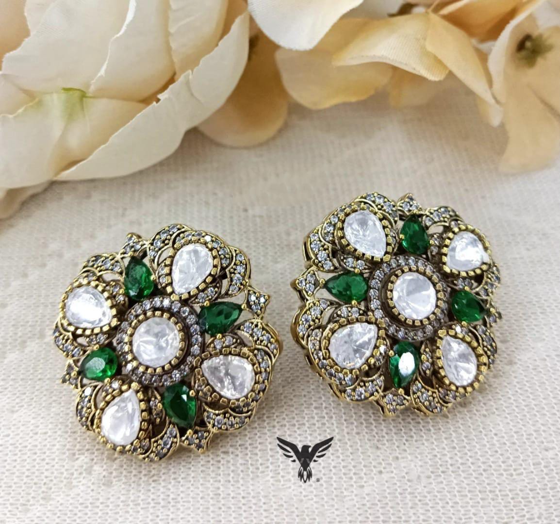 Square Oversized Mosanite Kundan Studs in Emerald green