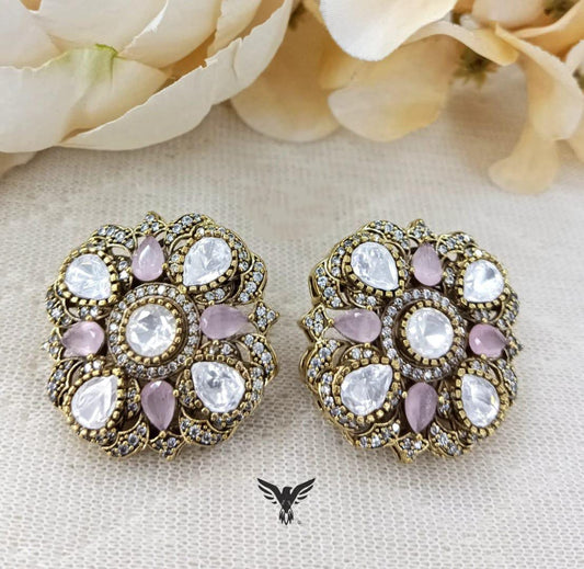 Square Oversized Mosanite Kundan Studs in Pink