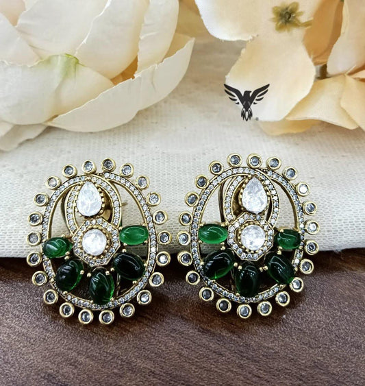 Sanya kundan Mosanite studs in emerald green for women