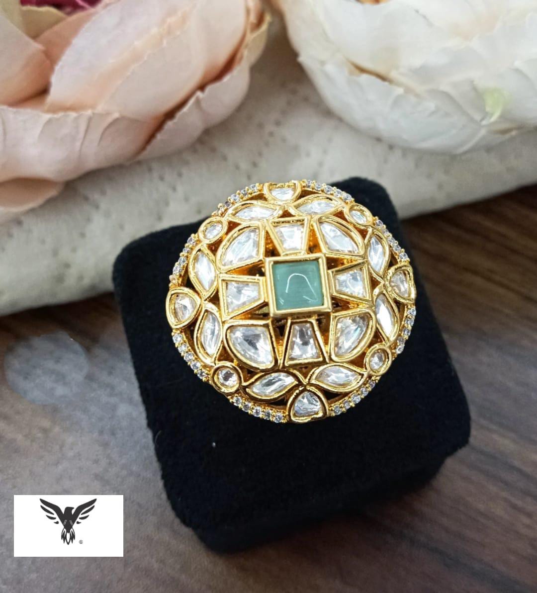 Charlie Gold Plated Kundan Ring in mint For Women