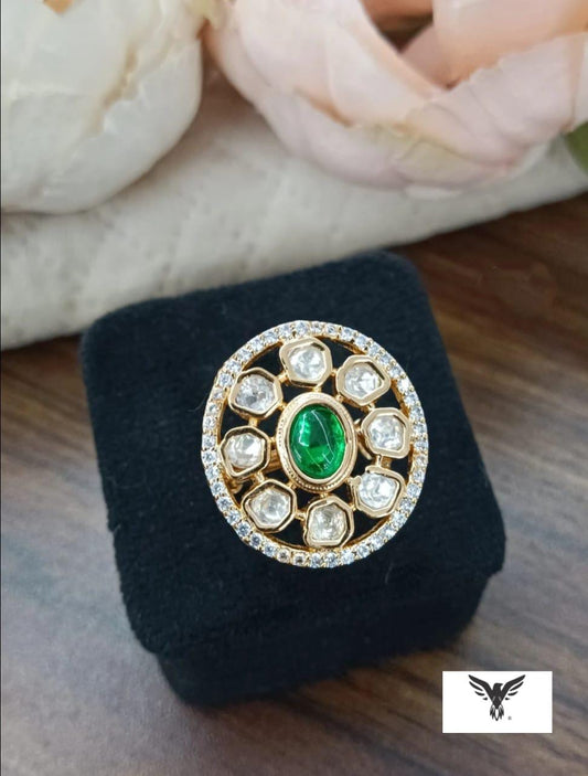 Oval Gold Plated Kundan ring in emerald green For Women