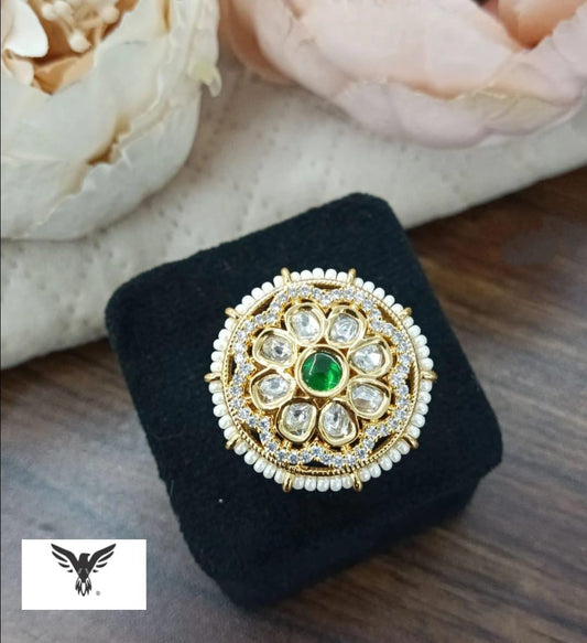 Amira Gold Plated Kundan Ring in Emerald green For Women