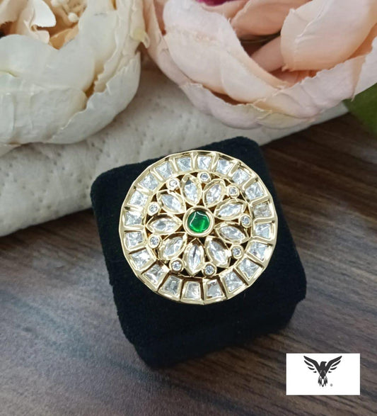 Melody Gold Plated Kundan Ring in Emerald green For Women