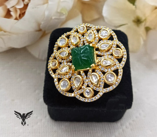 Bindiya Kundan Ring in Emerald green For Women