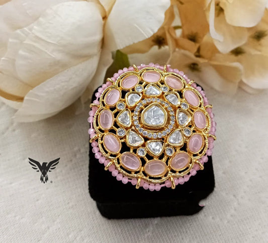 Charmi Mosanite Kundan Ring in pink For Women