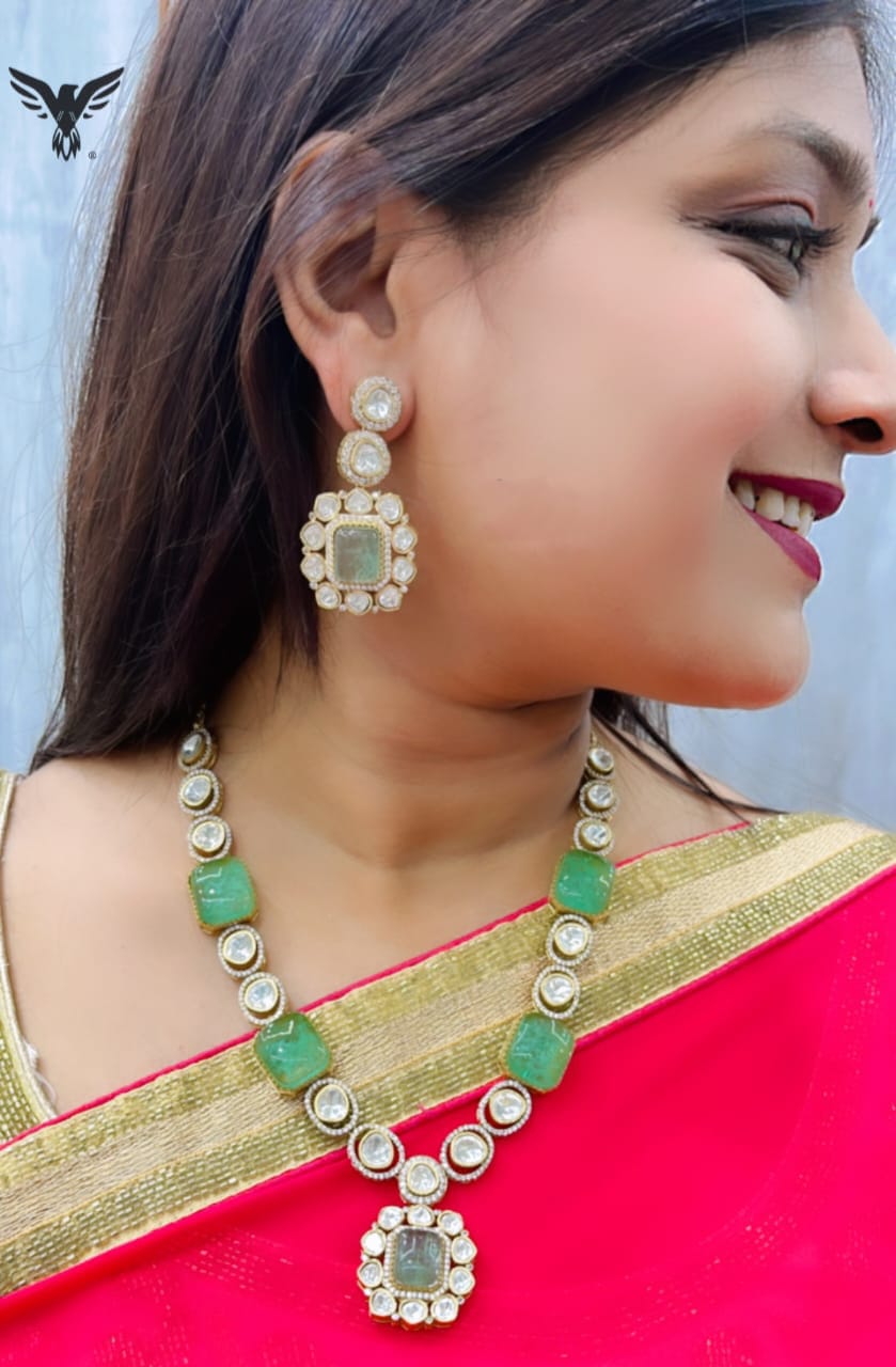 Jessica mosanite Polki Kundan Necklace in mint For Women