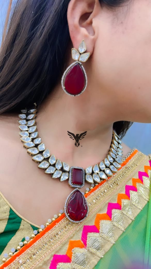 Mira kundan necklace with earrings in ruby for women