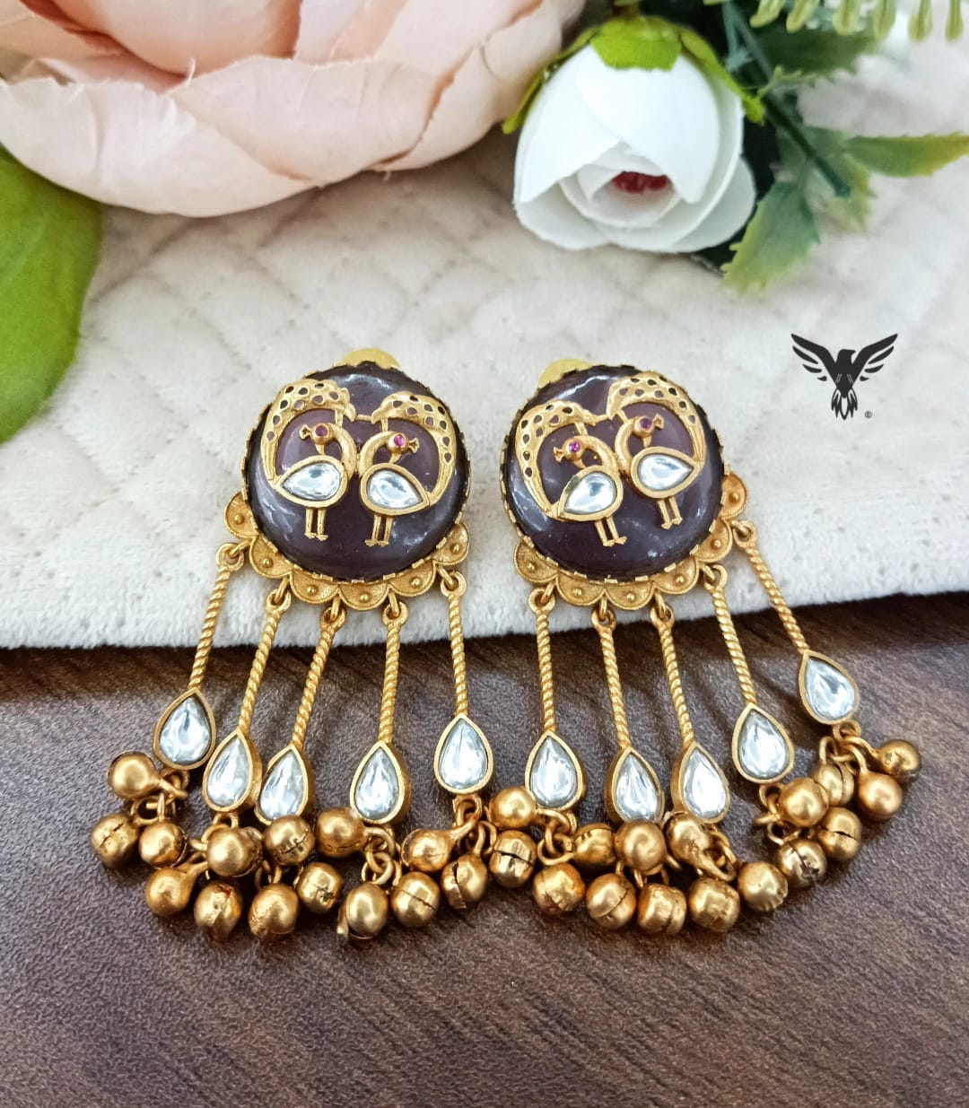 Peacock earrings for women with carved centre stone