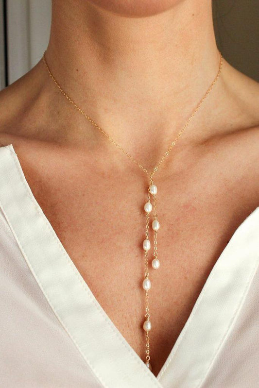 Chain with hanging Fresh Water pearls in brass necklace For Women