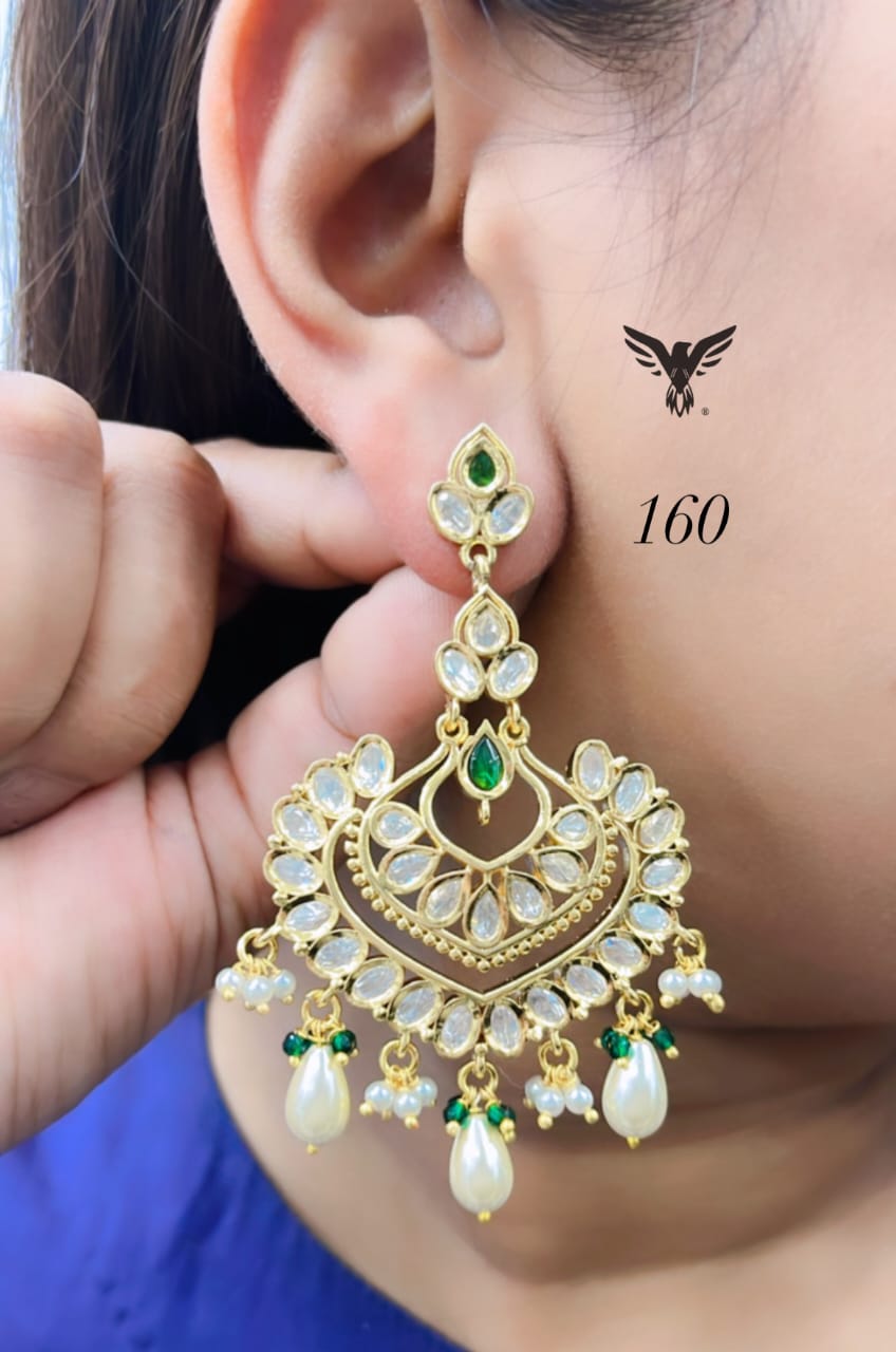 Ubika Gold plated Kundan Earings with drops in Emerald For Women