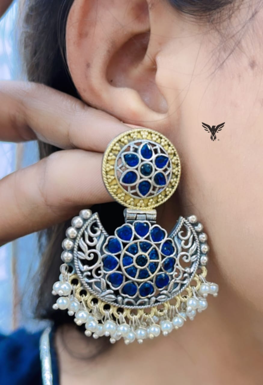 Naira Silver look alike earring in blue For Women