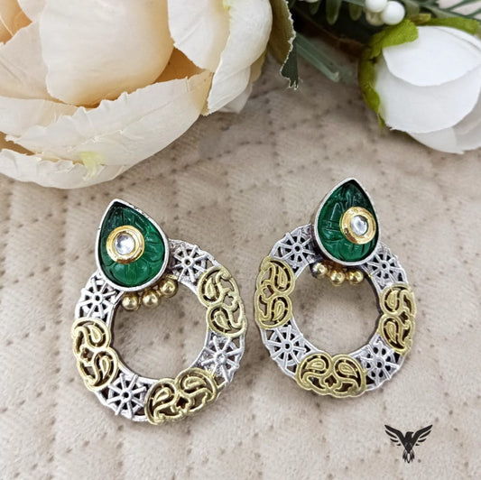 Round silver look alike Dual tone earrings in Emerald green for women