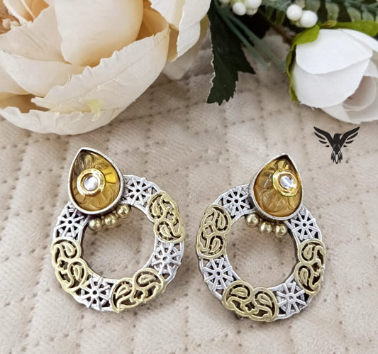 Round silver look alike Dual tone earrings in yellow for women