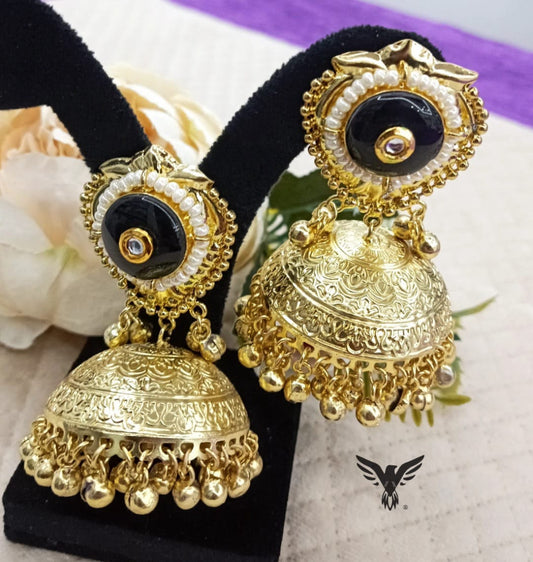 Golden tone polki silver look alike in Black earrings for women