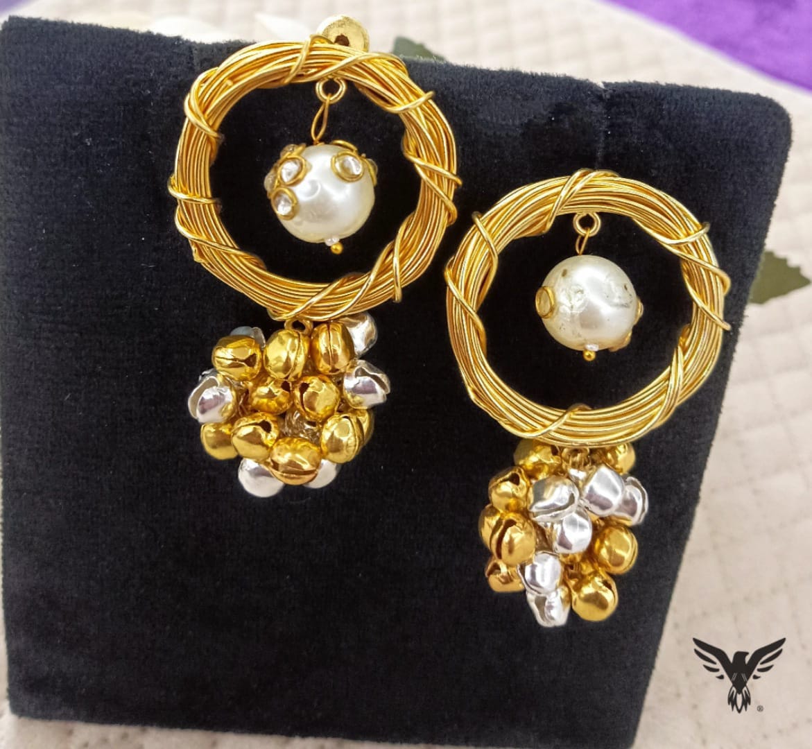 Golden tone silver look alike earring With ghungroos for women