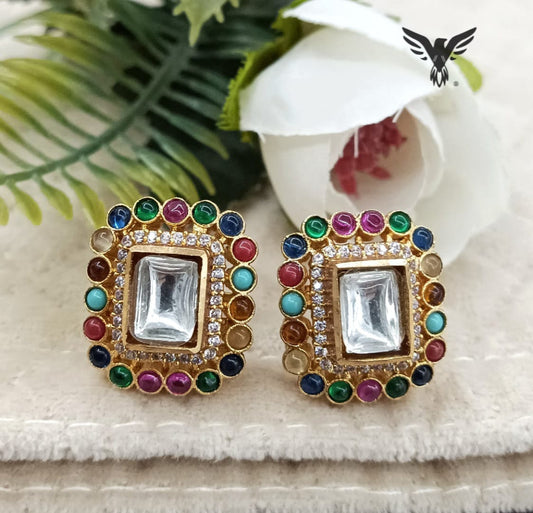 Navratan mosanite kundan Studs for women