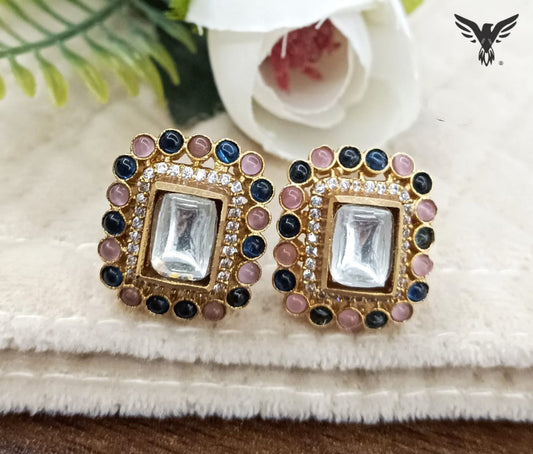 Blue and pink mosanite kundan Studs for women