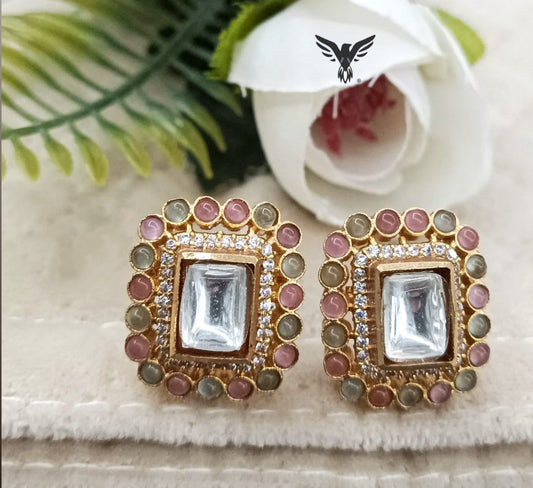 Mint and peach mosanite kundan Studs for women