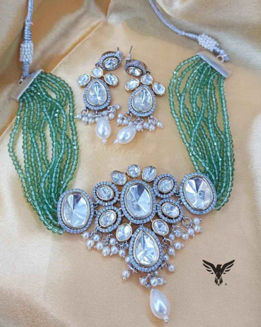 Riya kundan polki necklace with earrings in Mint for women