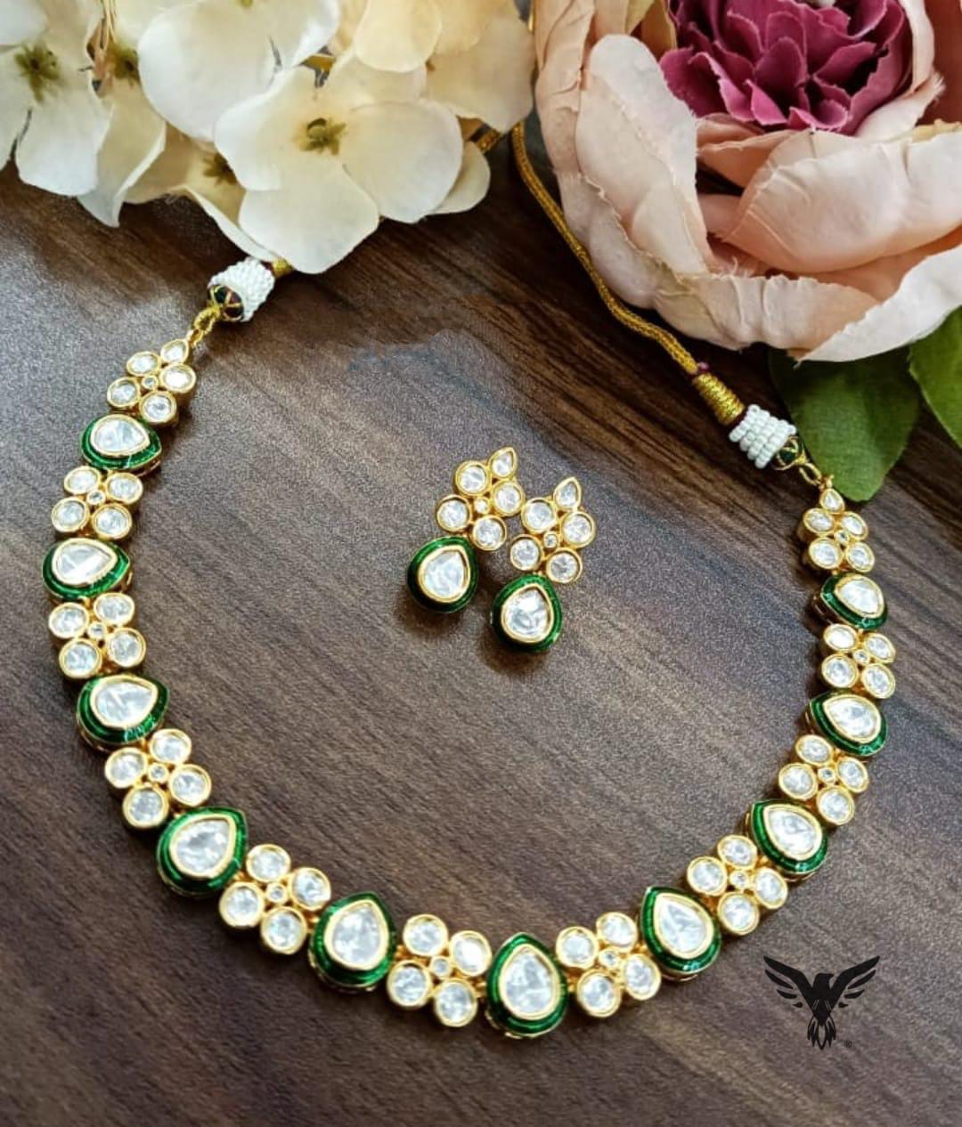 Saanvi kundan polki necklace with earrings in Emerald Green for women