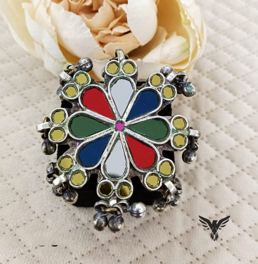 Floral with Ghunghroo Silver Look Alike ring For Women