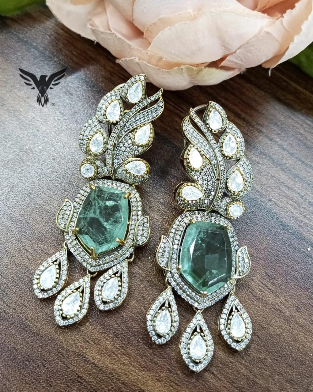 Fiza Polki Diamond Earings In Green For Women